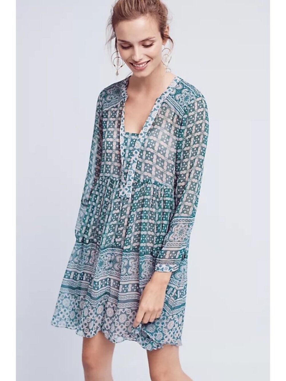 Anthropologie Maeve Blue & White Boho Floral Tunic Dress Size 12 Long Sleeve